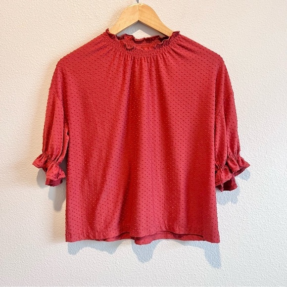 Madewell Women's Clipdot Ruffle Top Smocked Cottagecore Feminine Orange Sz Small - Picture 3 of 11